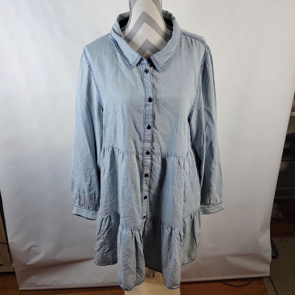 Serra Tiered Shirt Swing Dress Long Sleeve Side Pockets Chambray Size XL